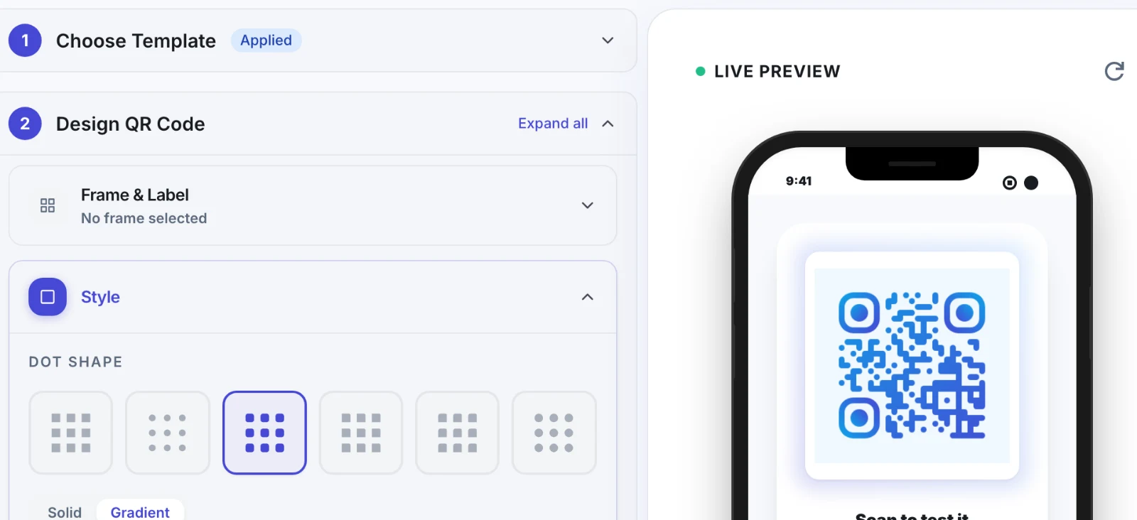The Qravio QR designer: dot-shape options, a gradient colour picker with hex values, and a live phone preview of the code.