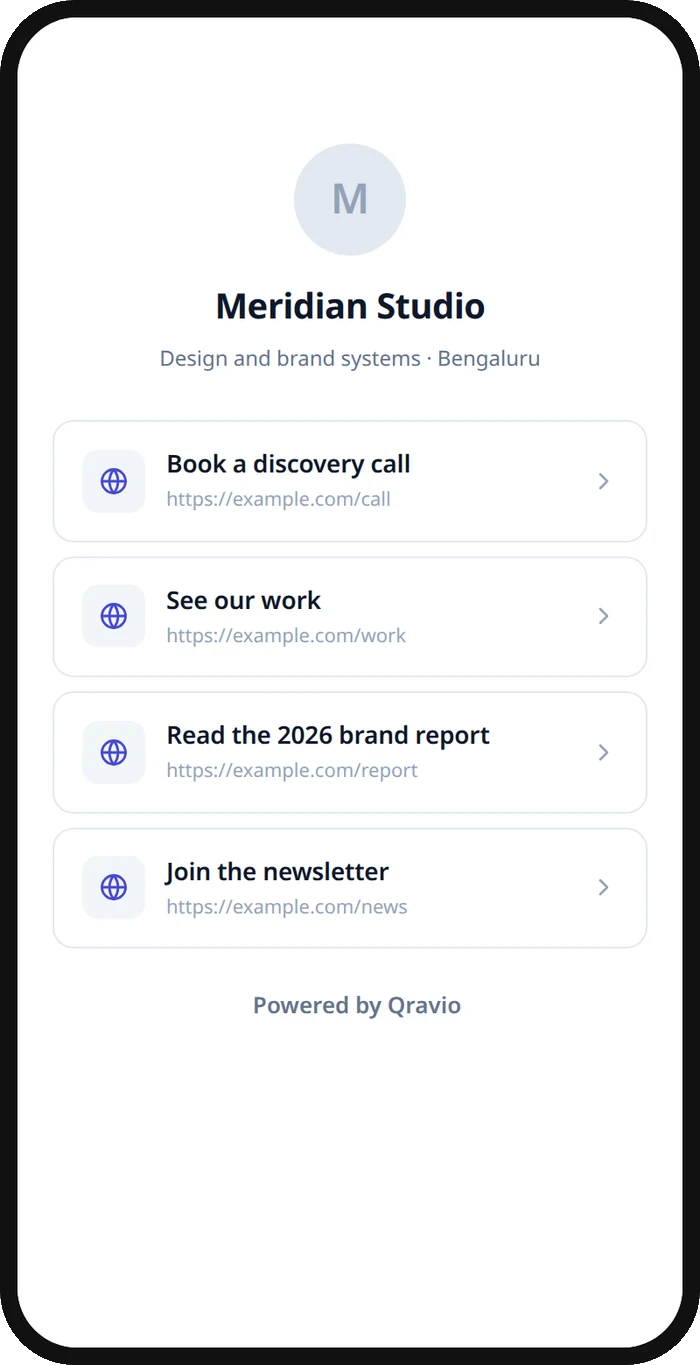 A phone showing a link-in-bio page with four tappable link cards under a profile name.