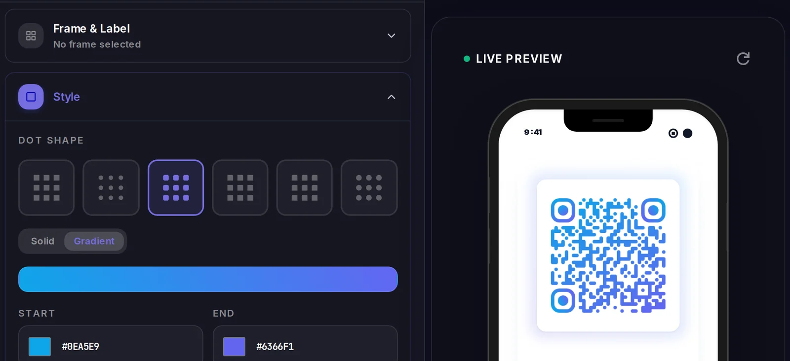 The Qravio QR designer: dot-shape options, a gradient colour picker with hex values, and a live phone preview of the code.