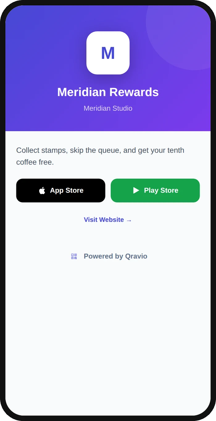 A phone showing an app landing page with App Store and Play Store buttons.