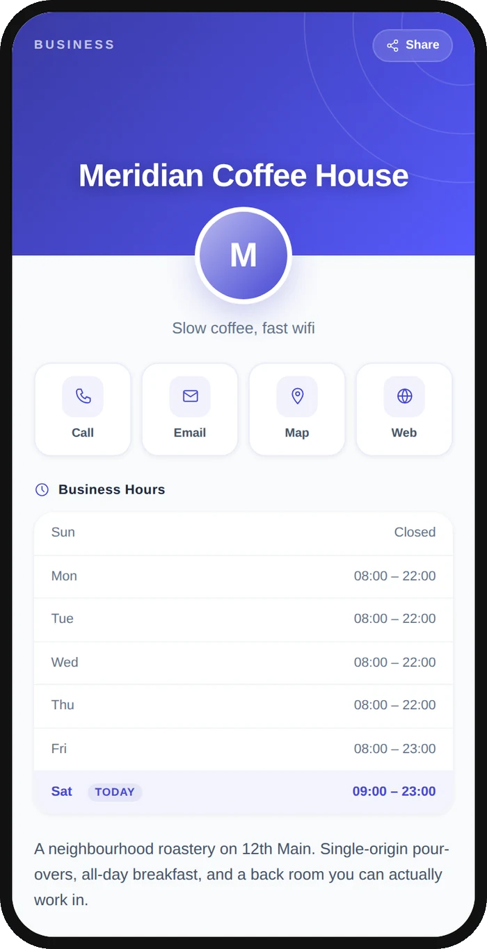 A phone showing a business profile with call, email, map and web buttons plus opening hours.