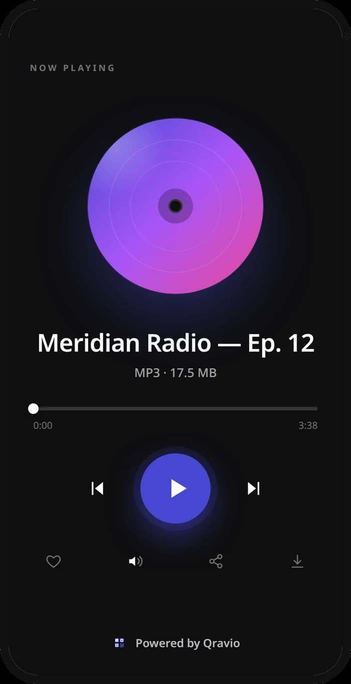 A phone showing an audio player with artwork, a scrub bar and playback controls.