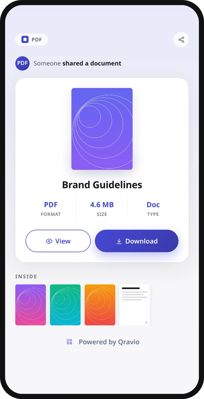 A phone showing a shared PDF with page thumbnails and view and download buttons.