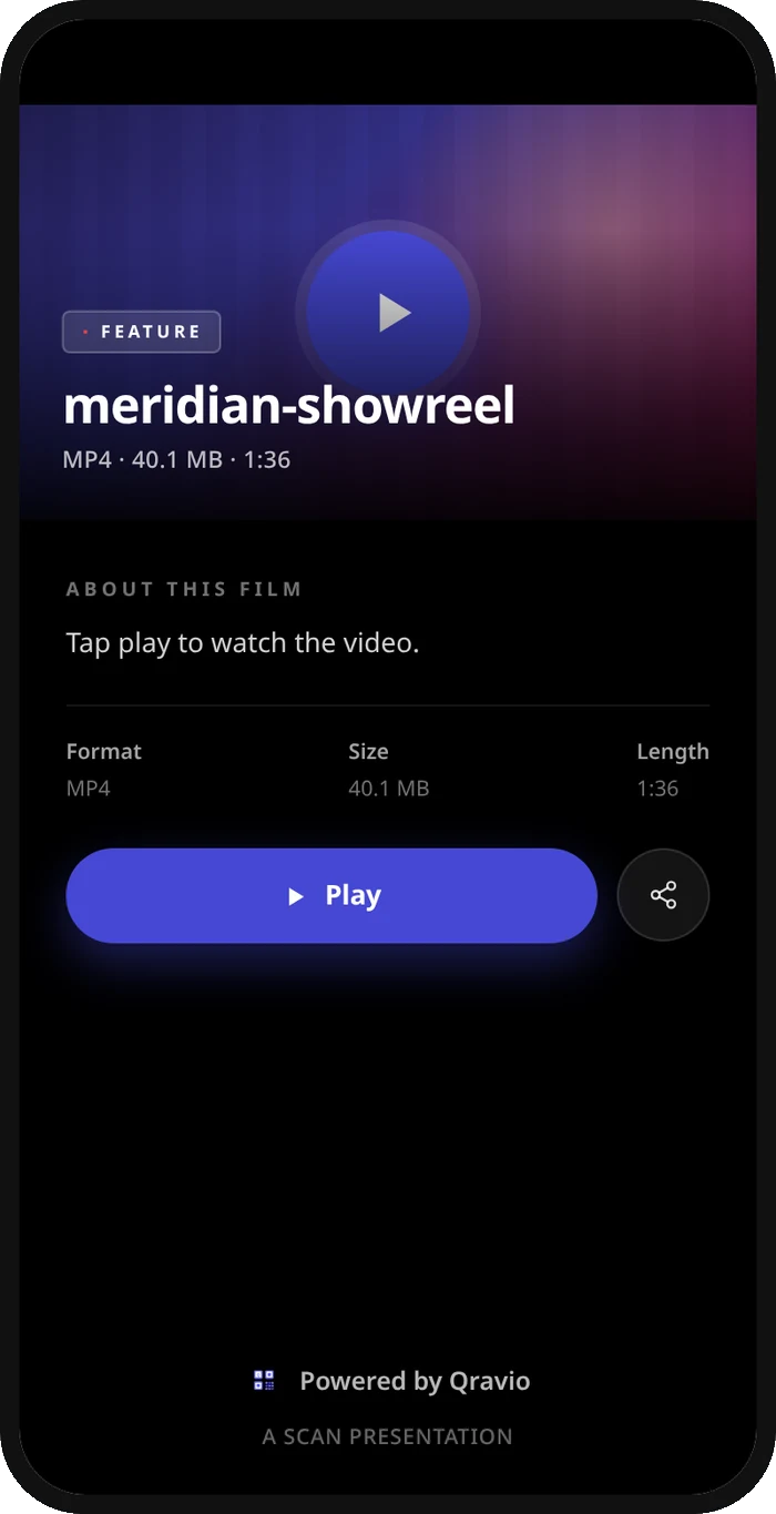 A phone showing a video landing page with a poster frame and a play button.